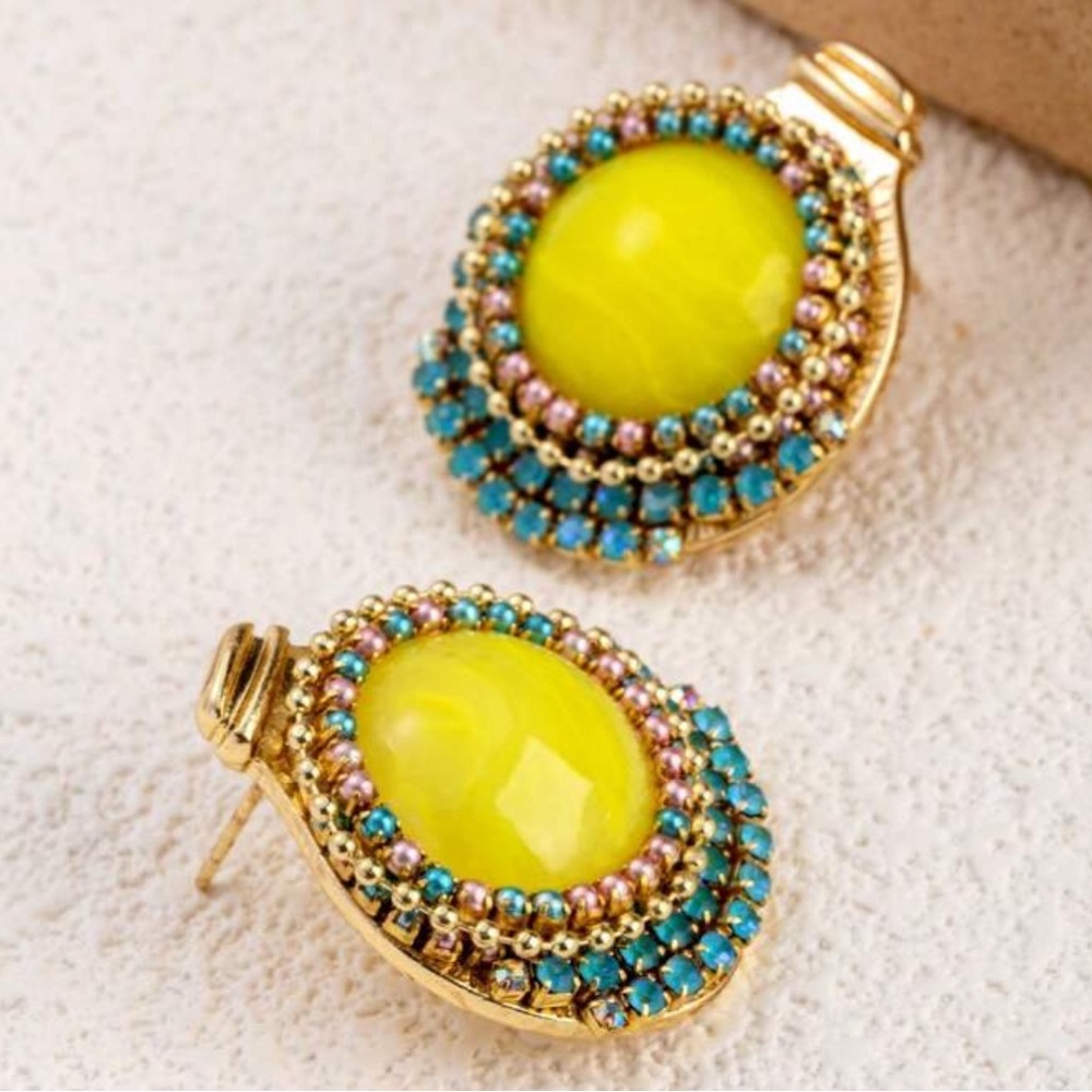 Zara Yellow and Turquoise Beaded Post  (not clip on) Earrings - Picture 2 of 6
